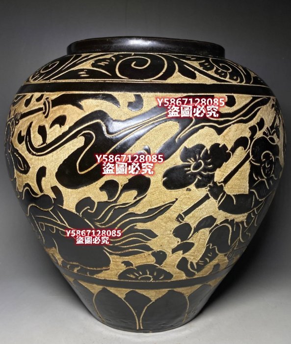 磁州窯黑釉剔花大罐，宋代珍品，精美剔刻人物紋飾。高約20厘米，口徑約