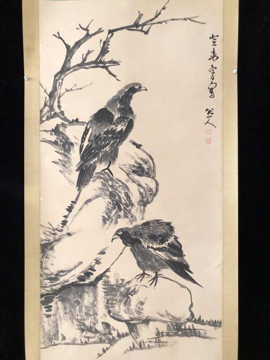 PA76【八大山人】花鳥，四尺扇面精裱純手繪中堂畫，裝裱尺寸232*89cm