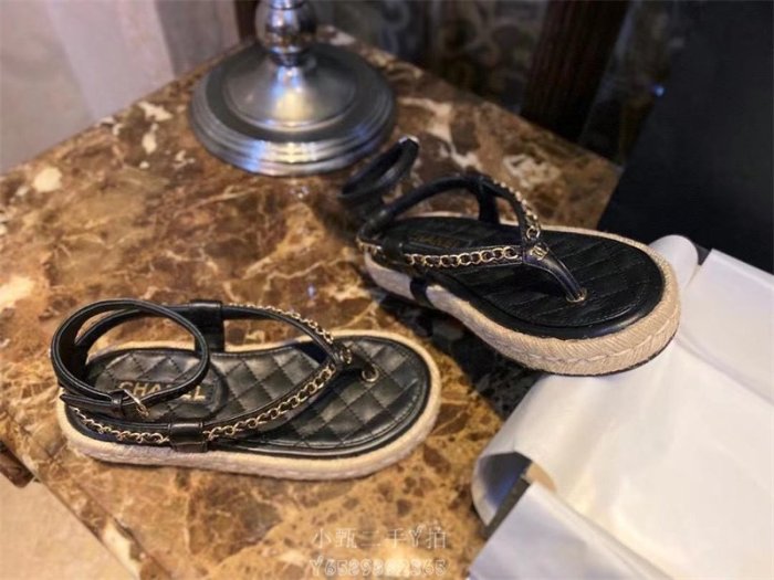 Chanel 小香風涼鞋 CE草編鞋 夾腳涼鞋 羅馬涼鞋 新款 金屬鏈條圓頭厚底草編底 夾趾 人字涼鞋