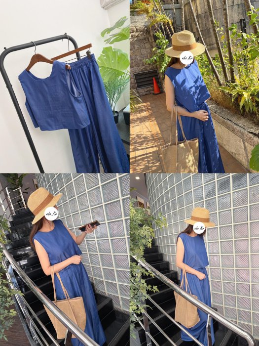 ＊EBO_KR＊韓 【獨家偷跑夏末出清小熱身】秒殺現貨優惠$1080→799 後釦夏日深海牛仔藍長腿寬褲超值set