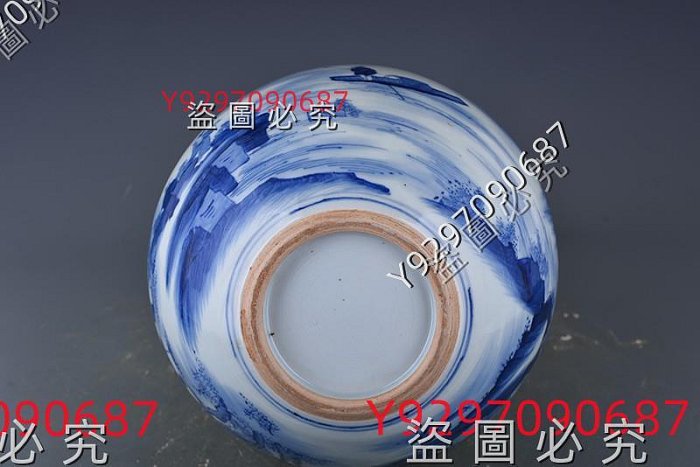 清康熙青花人物山水天球瓶45×30厘米舊藏古董古玩【財神到】-254