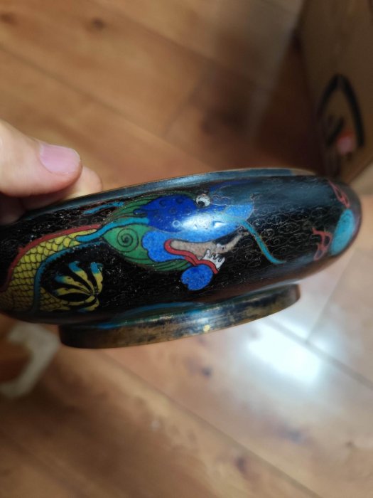 清代景泰藍龍紋筆洗直徑20公分銅胎掐絲琺瑯工藝精湛藍色龍紋精美絕倫底
