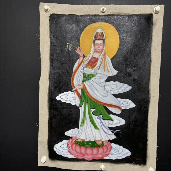 手繪水彩油畫244，陳逸飛觀音像，尺寸70x100 cm左右藏品老貨收藏【二手