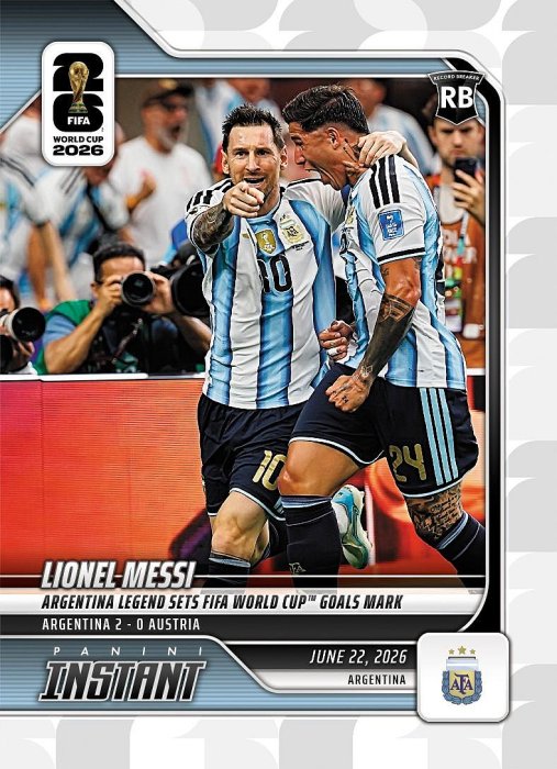 《預購》阿根廷隊梅西Leonel Messi漂亮世界盃足球賽對戰奧地利踢進2球正式登頂世界盃歷史進球王經典時刻紀念特卡 2026 Panini Instant