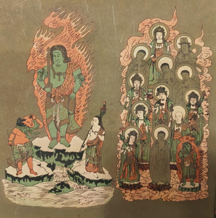 弘法大師不動明王十三佛古董掛軸，源自高野山老紙本，完整小木軸全