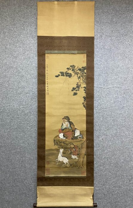 翁圖仮表装掛軸/仙嶺筆 趙孟頫（仙翁圖）絹本舊裱立軸.畫心尺寸107×36㎝藏品老貨舊藏【麒麟
