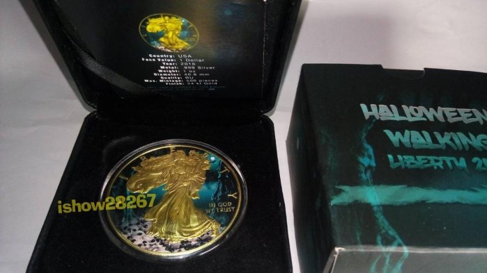 售7990元有貨~2016美國鷹揚萬聖節彩色銀幣，限量銀幣，美國銀幣，銀幣，收藏錢幣，錢幣，紀念幣，幣~美國鷹揚彩色銀幣(限量500枚，彩色鍍金純銀幣一盎司)
