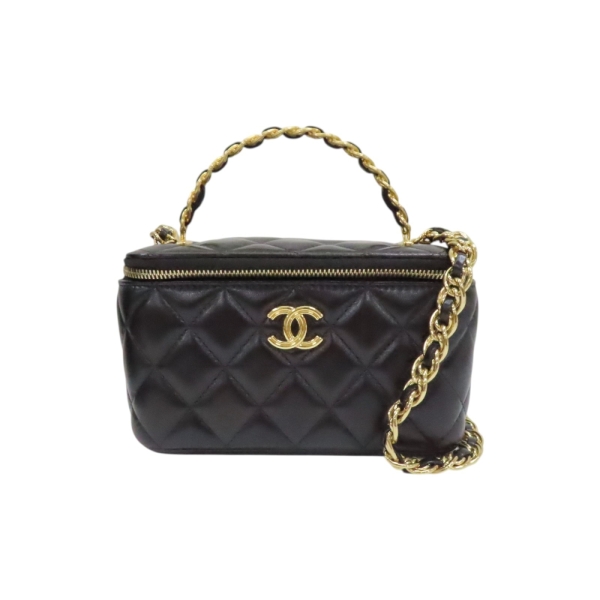 CHANEL 香奈兒 黑色 菱格紋 羊皮 Top Handle Vanity Case 化妝箱 肩背包 【二手名牌BRAND OFF】