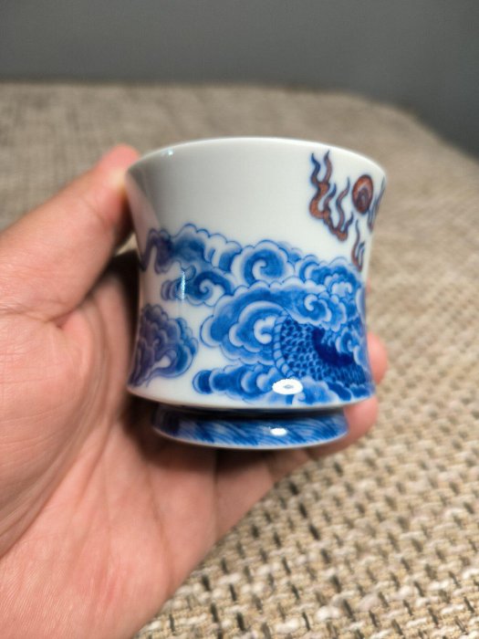 自成堂景德鎮青花龍紋高足竹節杯，手工精湛推薦收藏，80CC主人杯全新