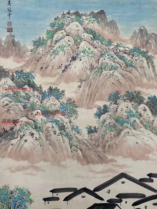 中国古美術・旧藏・近現代・吳冠中款・金箋・山水風景画・中堂掛軸・純手描き・書画 二手】舊藏字畫畫家吳冠中款的純手繪四尺中堂畫山水畫手繪畫畫工