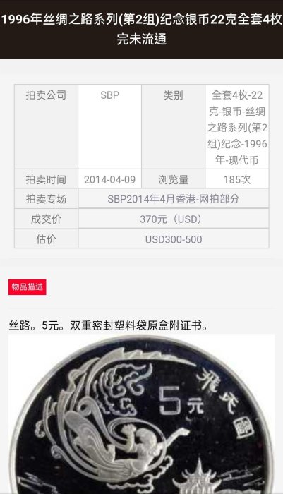 1996年中國絲綢之路系列銀幣第二組發行量只有15000套，附盒裝，飛天圖 