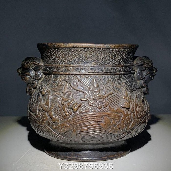 香炉 浮彫り竜紋獣耳香炉 挿し香炉 銅製品 工芸品 置物 銅器工藝品明宣德年浮雕龍紋獸耳香爐古玩雜項古董銅器仿古工藝全品傳世
