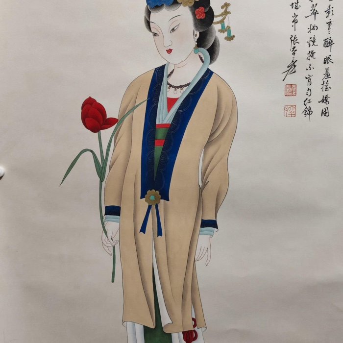 四尺中堂畫張大千仕女圖手繪實物拍攝一物一圖材質宣紙裱好尺寸:長*寬