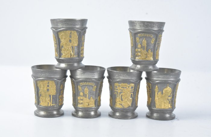隆昌造　純錫　木瓜式　七宝透　茶托　五客　合計約292g　共箱　V　R7381 玖隆蕭松和挖寶網R》錫製SELWIN PEWTER 馬來西亞民俗圖紋茶杯