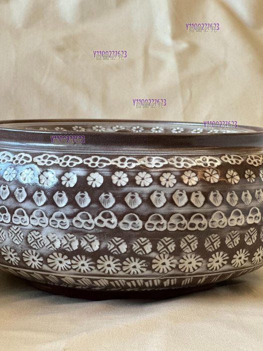 日本三島手手作雕刻紋大水水指建水陶器古美術作品收藏茶罐陶瓷帶蓋刀刻