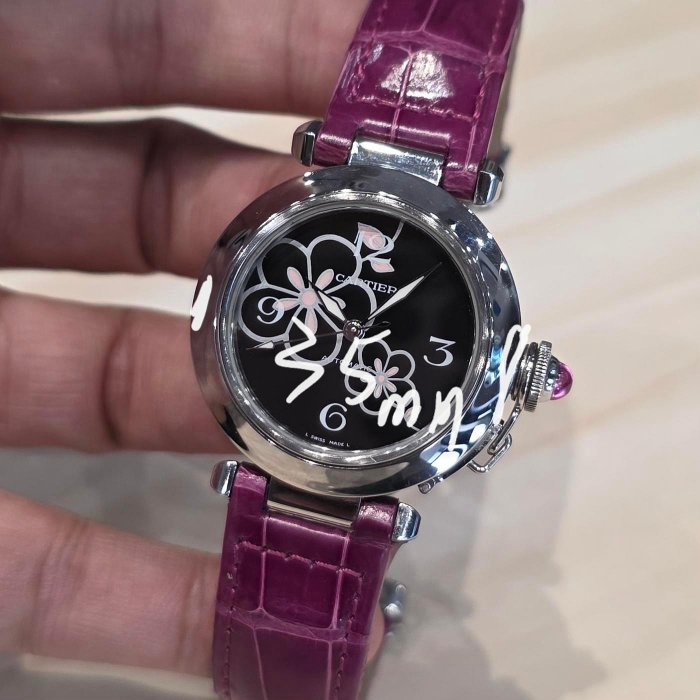 【個人藏錶】 CARTIER 卡地亞 W3109699 中型 帕夏系列 黑面花朵紋錶盤 自動上鏈機械錶 35mm  （不含錶冠）
