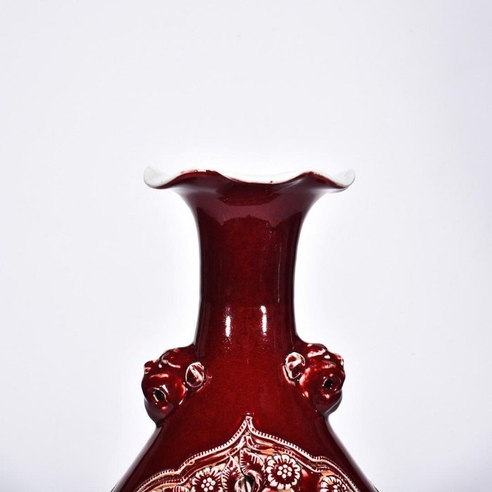 可議價元霽紅釉貼塑鴛鴦花卉紋獸耳花口玉壺春瓶高45厘米寬22厘米【藏寶