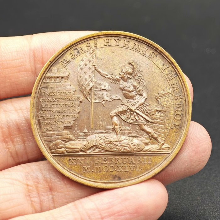 法國1746年路易十五攻占布魯塞爾UNC銅章，直徑41mm，戰神瑪爾斯手持
