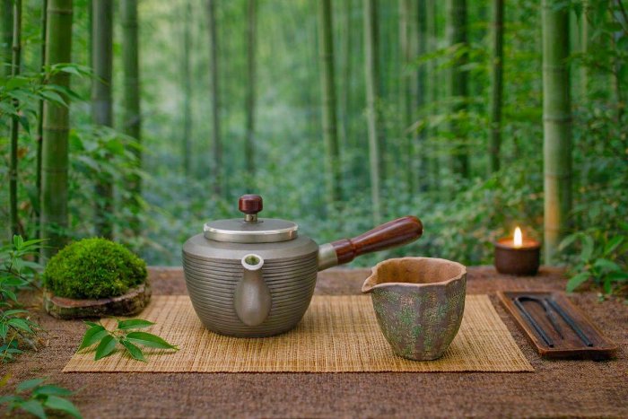 日本金工藝品茶道具~精美日本側把錫茶壺，日本大阪煙波浪華傳統手作錫