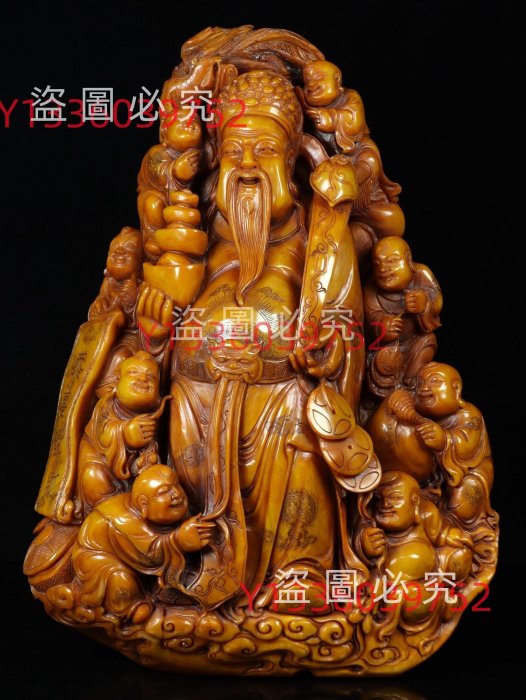 珍篆刻家玉璇刻石，壽山石田黃石雕刻《財神》擺件，雕工精湛、細膩透