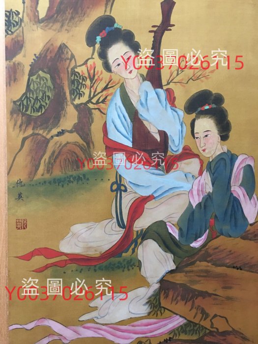 編號DD：3三尺絹布漆盒裝仿軸中堂畫，仇英四幅人物畫，純手繪之作，攝