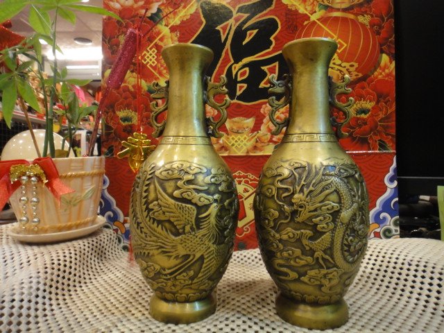 大瑞古玩~正宗早期龍鳳吉祥黃銅雕花瓶/品項完整值得收藏招財進寶供佛拜