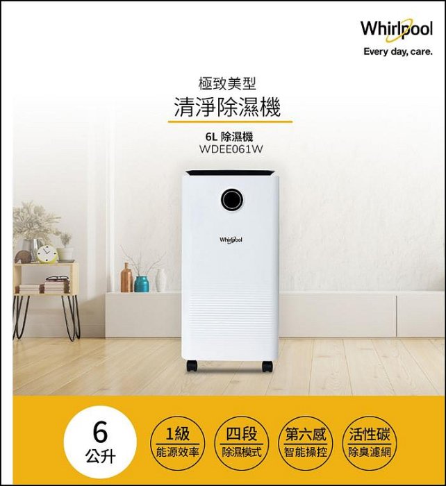 SOGO購回, 美國Whirlpool惠而浦 超美型 一級能效6公升除濕機 WDEE061W 可定時 觸控面板 體積小 噪音小 LG 東元
