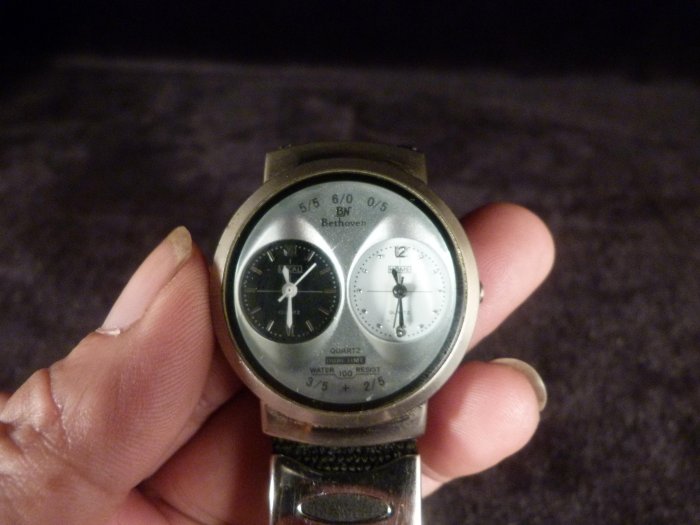 古玩軒~二手.石英錶bethoven手錶 男錶 中性錶 雙視窗兩地時間錶 都會時尚錶(非OMEGA歐米茄.卡迪亞.浪琴.大海馬)QQQ649