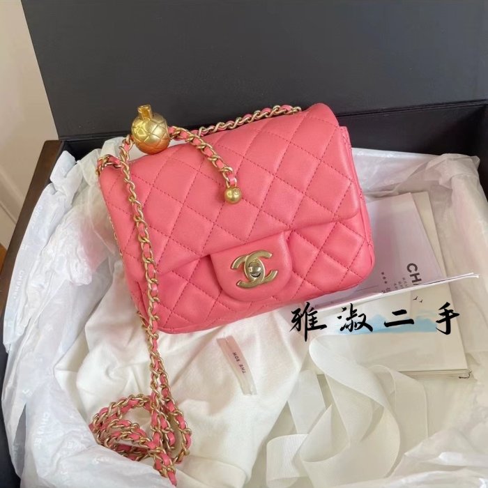 雅淑二手 CHANEL 香奈兒 桃粉色小金球方胖子單肩包女包