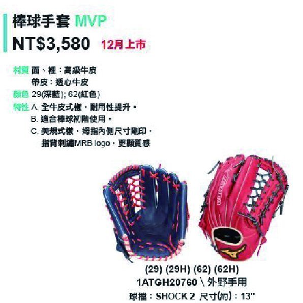 好鏢射射~~MIZUNO 美津濃 棒球手套 外野 紅色 1ATGH20760 (3580)