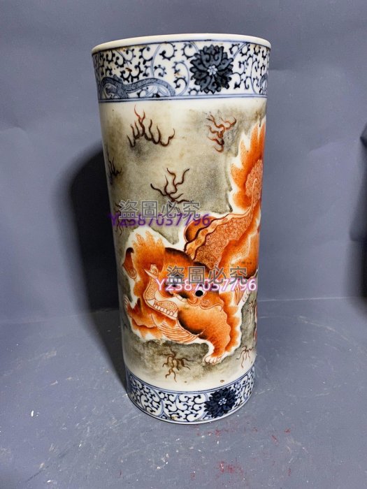 晚清時期墨云方頭黃獅子帽筒一只大名家何士鉎作上下鎖口工瓷器古董老貨