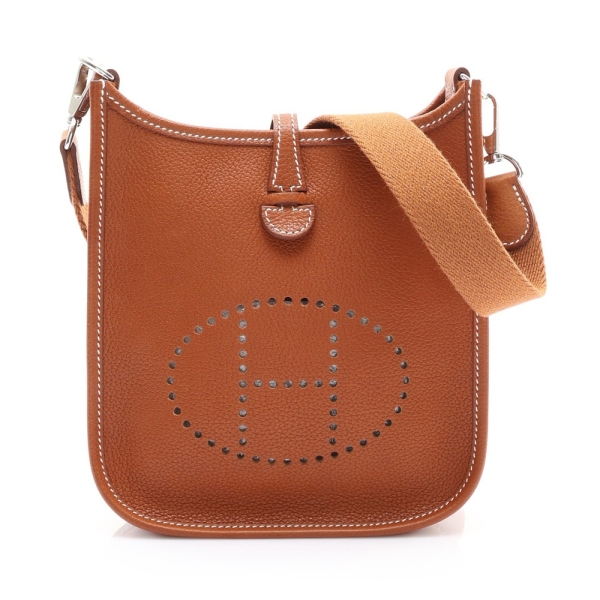 HERMES 愛馬仕 金棕色 Barenia牛皮 Mini Evelyne Amazone 肩背包 W刻 銀釦 【二手名牌BRAND OFF】