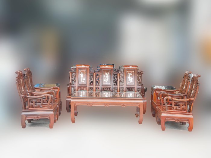 【二手家具】台北百豐悅2手買賣-二手實木椅二手客廳組椅仿古紅木鑲貝八件組泡茶桌椅實木組椅原木桌椅基隆二手家具桃園二手家具
