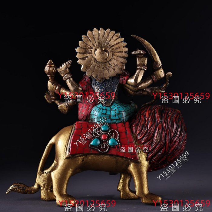 尼泊爾寺院收老純銅純手工打造鑲嵌寶石彩繪描金六臂騎獅護法神重2340克