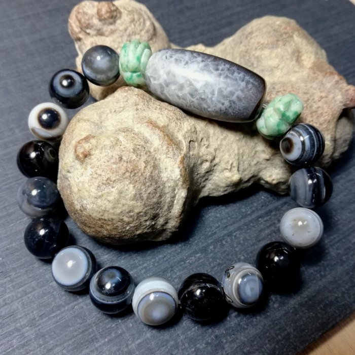 早期一眼龍鱗紋結晶天珠/龍鱗天眼珠{手串} +西藏九眼頁岩全正眼手工珠+