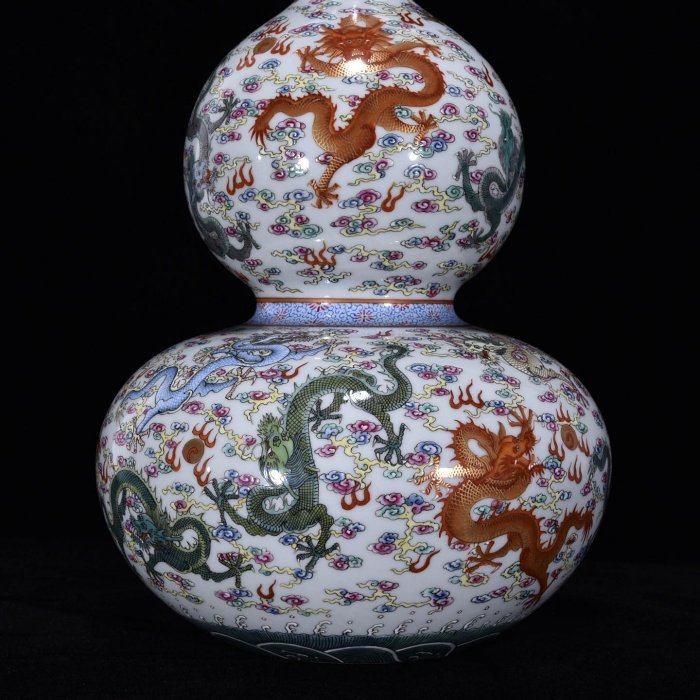 雍正年製粉彩三口葫芦瓶、サイズ約高さ24cm径约16cm 雍正年製粉彩三口