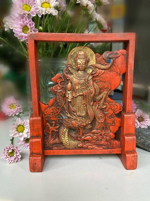 8海精品【純老硃砂墨灑鎏金雕媽祖立像圖小屏風擺件】~鎮宅.避邪
