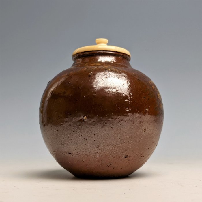 日本古美術/備前燒木村陶峰文琳茶入，共箱共布套/茶罐/茶道具≡≡ 溯源