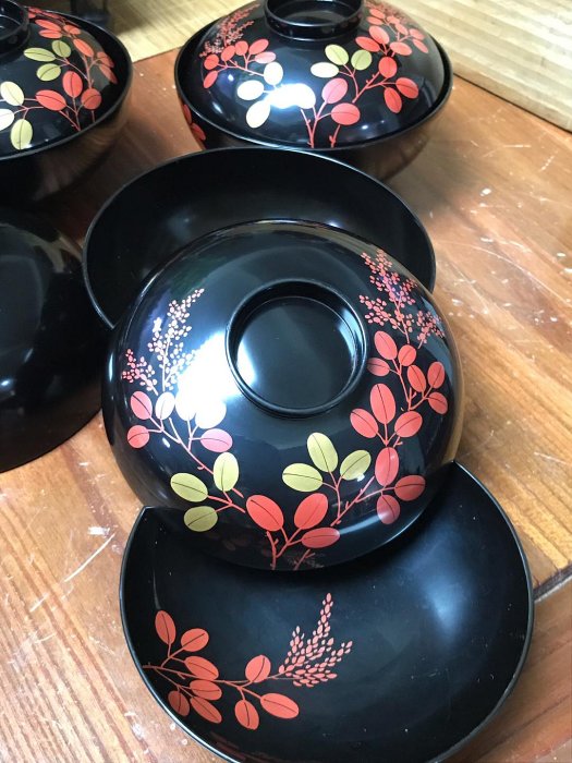 木製漆器 網手文蓋付吸物椀 20客 大正～昭和初期 昭和時期