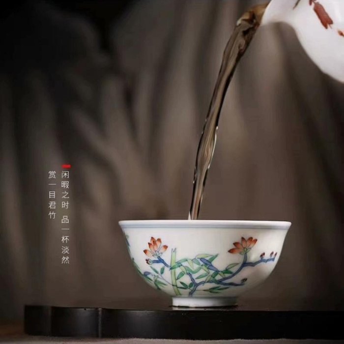 景德鎮手繪竹荷斗彩陶瓷杯純手工工藝茶盞青花釉上彩茶杯精緻禮品傳統