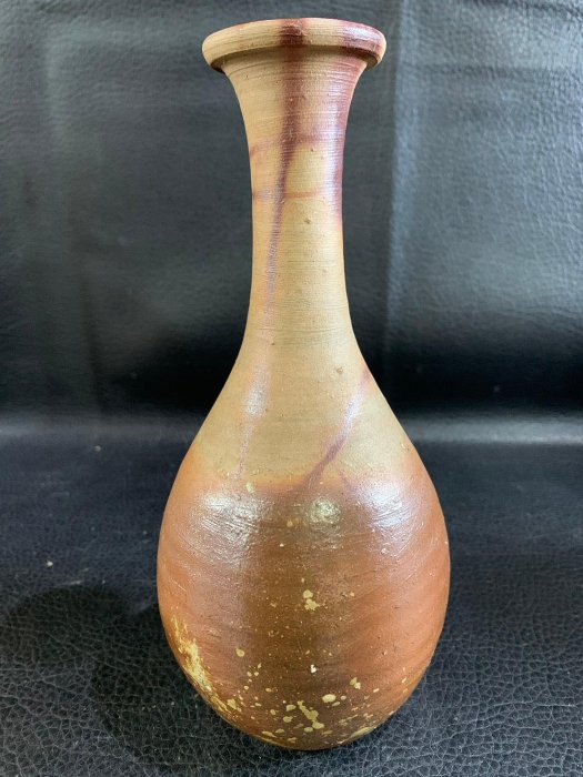 藏舊尋寶屋】老日本岡山古備前燒宏造作落款備前陶花入/花器附原裝題字