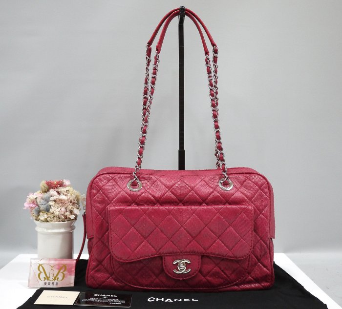 ☆優買二手精品名牌店☆ CHANEL GST NEW CAMERA BAG 限量 櫻桃紅色 蛇皮蟒蛇皮 銀鍊 手提包肩背包相機包購物包 美品二