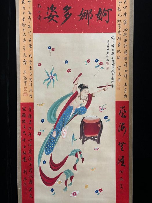代號OS343《張大千飛天》雙拔形三尺純手繪2材質宣紙裝裱尺寸200cm*63cm