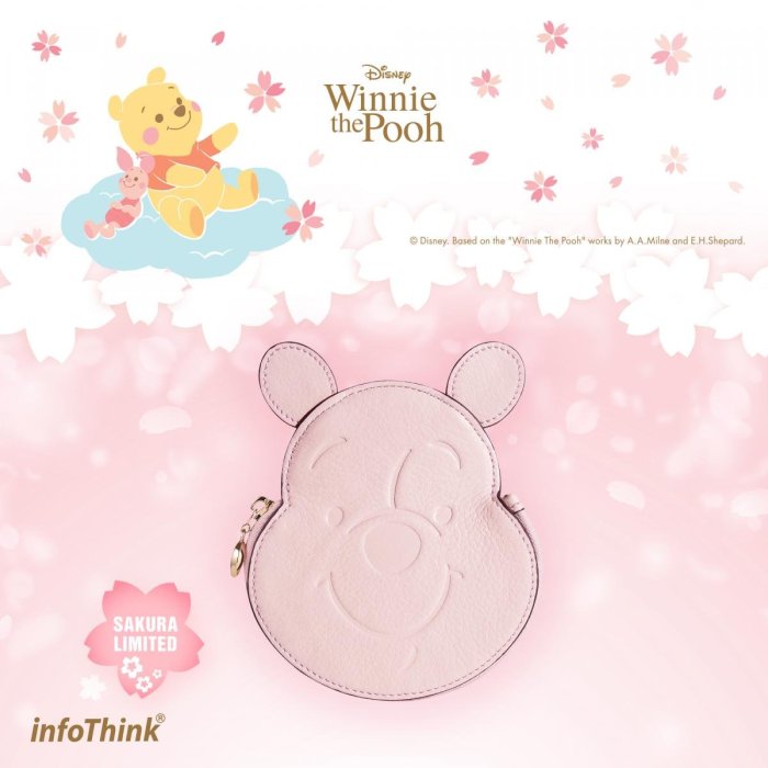 正版授權 Disney 迪士尼 小熊維尼 Pooh 3C小物收納包 (櫻花限定版) - 小牛皮