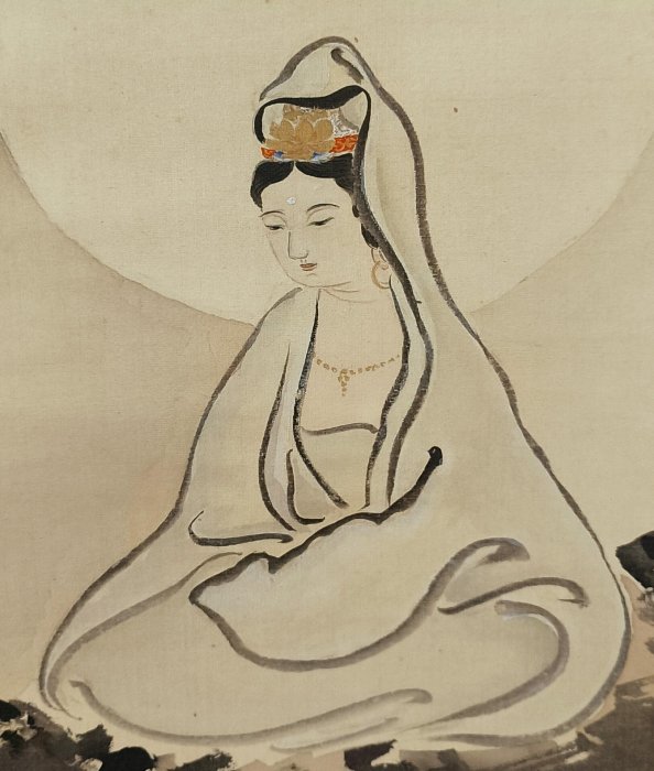 金蓮冠的白衣觀音日本佛畫軸書法軸?真正手繪品絹本綾裱，縱144Cm橫27Cm