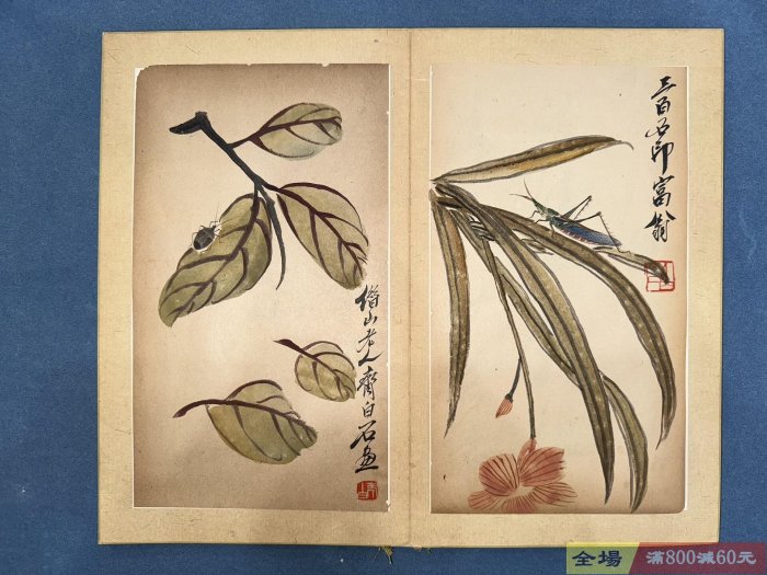 齊白石花卉草蟲冊共20張19張畫尺寸18×31 張大千題品相看圖實物拍攝