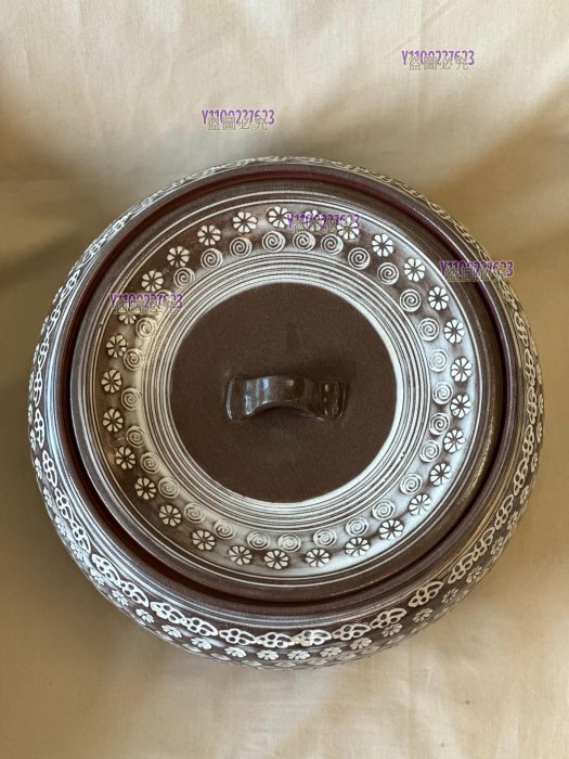 日本三島手手作雕刻紋大水水指建水陶器古美術作品收藏茶罐陶瓷帶蓋刀刻