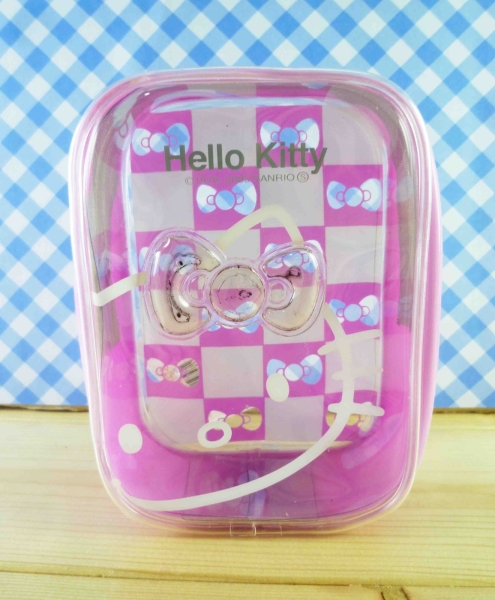 【震撼精品百貨】Hello Kitty 凱蒂貓~透明化妝包/筆袋-大臉蝴蝶結(粉格)