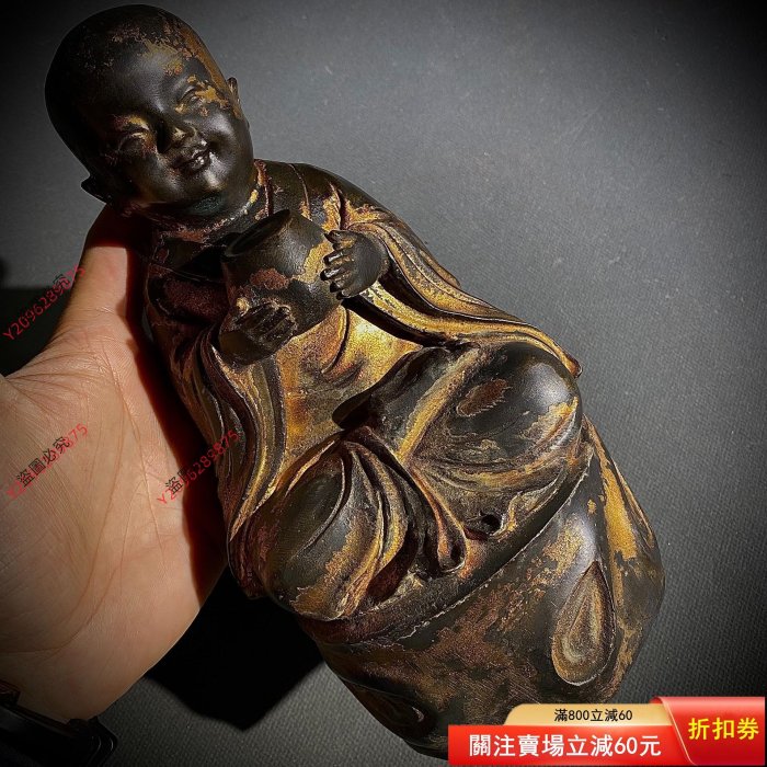 純銅泥金脫金佛像善財童子小沙彌老銅擺件佛堂用品擺件銅佛像皮殼老氣老