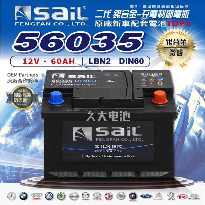 ✚久大電池❚ 風帆SAIL 原廠汽車電瓶銀合金56035 適用56214 55566